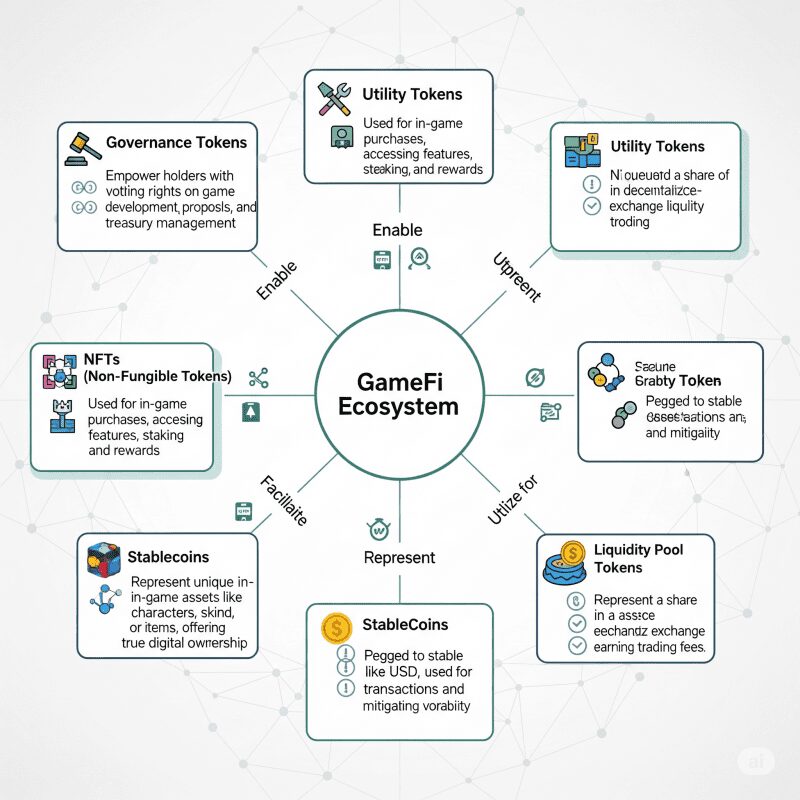 Схема типов игровых токенов и их функций в GameFi экосистеме