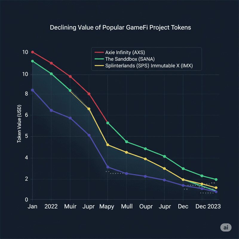 График падения стоимости токенов популярных GameFi проектов
