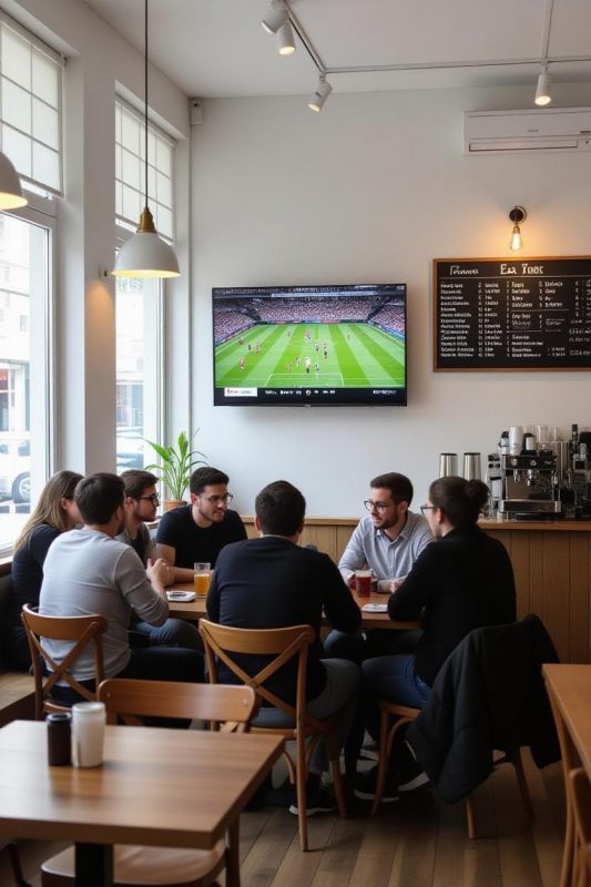 Люди смотрят спортивные трансляции в кафе